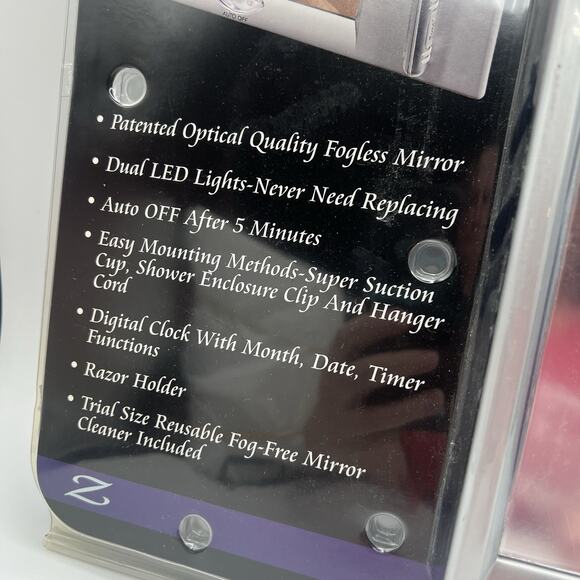 NEW Z’Fogless Fog Free Shower Mirror Lighted Clock Razor Holder Silver Gray 8x8 - Picture 2 of 8